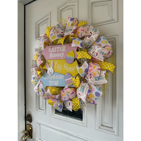 Easter Bunny Jelly Bean Trail Egg Hunt Sign Mesh Ribbon Spring Wreath - Picture 7 of 8
